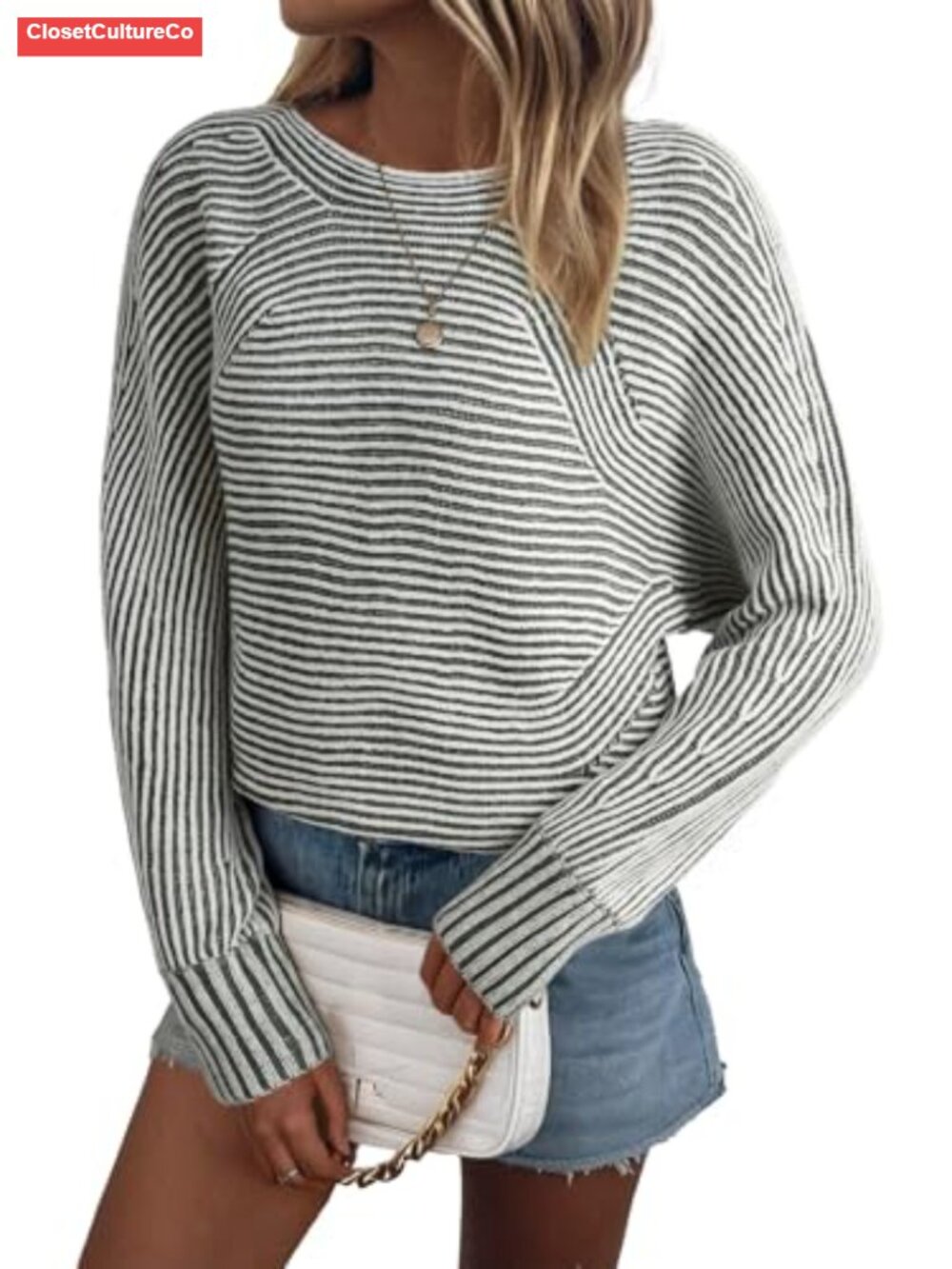 Striped Sweater Women Boat Neck Batwing Sleeve Oversized Pullover